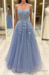 Beautiful Long A-line Scoop Neck Tulle Lace Semi Formal Prom Dresses